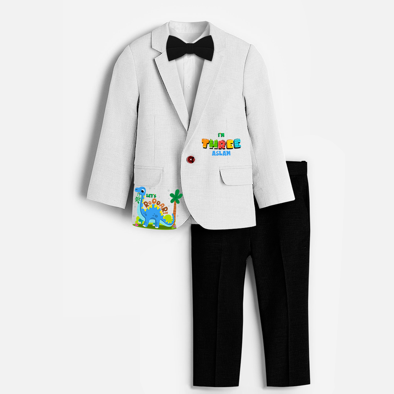 Third Year Dino Themed Customized Knitted Blazer With Name For Kids - WHITE - 1 Year Old (Blazer - Chest 23"/Pant Length 17"/Pant Waist 21")