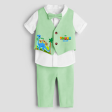 Third Year Dino Themed Customized Waist Coat With Name For Kids - MINT GREEN - 1 Year Old (Waist Coat - Chest 22"/Pant Length 17"/Pant Waist 21")