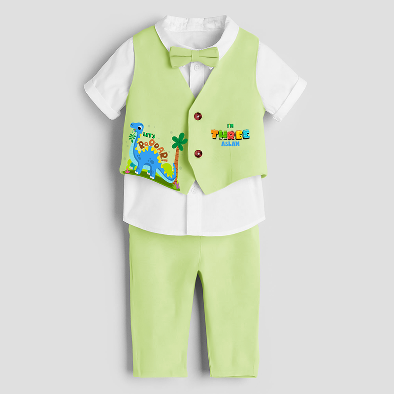 Third Year Dino Themed Customized Waist Coat With Name For Kids - PASTEL GREEN - 1 Year Old (Waist Coat - Chest 22"/Pant Length 17"/Pant Waist 21")