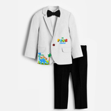 Fourth Year Dino Themed Customized Knitted Blazer With Name For Kids - WHITE - 1 Year Old (Blazer - Chest 23"/Pant Length 17"/Pant Waist 21")