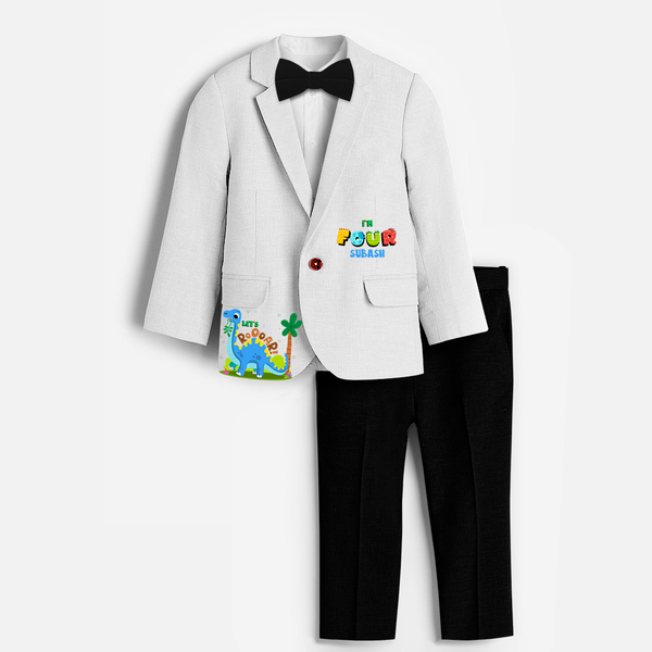 Fourth Year Dino Themed Customized Knitted Blazer With Name For Kids - WHITE - 1 Year Old (Blazer - Chest 23"/Pant Length 17"/Pant Waist 21")