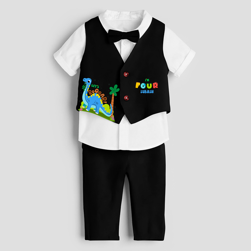 Fourth Year Dino Themed Customized Waist Coat With Name For Kids - BLACK - 1 Year Old (Waist Coat - Chest 22"/Pant Length 17"/Pant Waist 21")