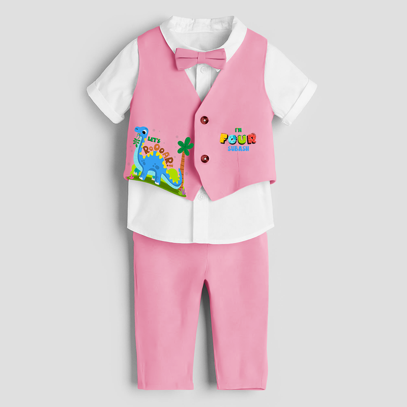 Fourth Year Dino Themed Customized Waist Coat With Name For Kids - PINK - 1 Year Old (Waist Coat - Chest 22"/Pant Length 17"/Pant Waist 21")