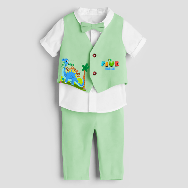 Fifth Year Dino Themed Customized Waist Coat With Name For Kids - MINT GREEN - 1 Year Old (Waist Coat - Chest 22"/Pant Length 17"/Pant Waist 21")