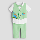 Sixth Year Dino Themed Customized Waist Coat With Name For Kids - MINT GREEN - 1 Year Old (Waist Coat - Chest 22"/Pant Length 17"/Pant Waist 21")