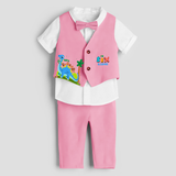 Sixth Year Dino Themed Customized Waist Coat With Name For Kids - PINK - 1 Year Old (Waist Coat - Chest 22"/Pant Length 17"/Pant Waist 21")