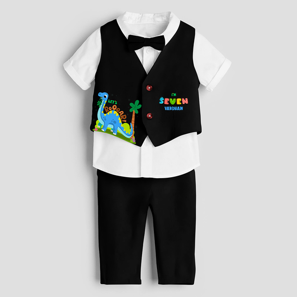 Seventh Year Dino Themed Customized Waist Coat With Name For Kids - BLACK - 1 Year Old (Waist Coat - Chest 22"/Pant Length 17"/Pant Waist 21")