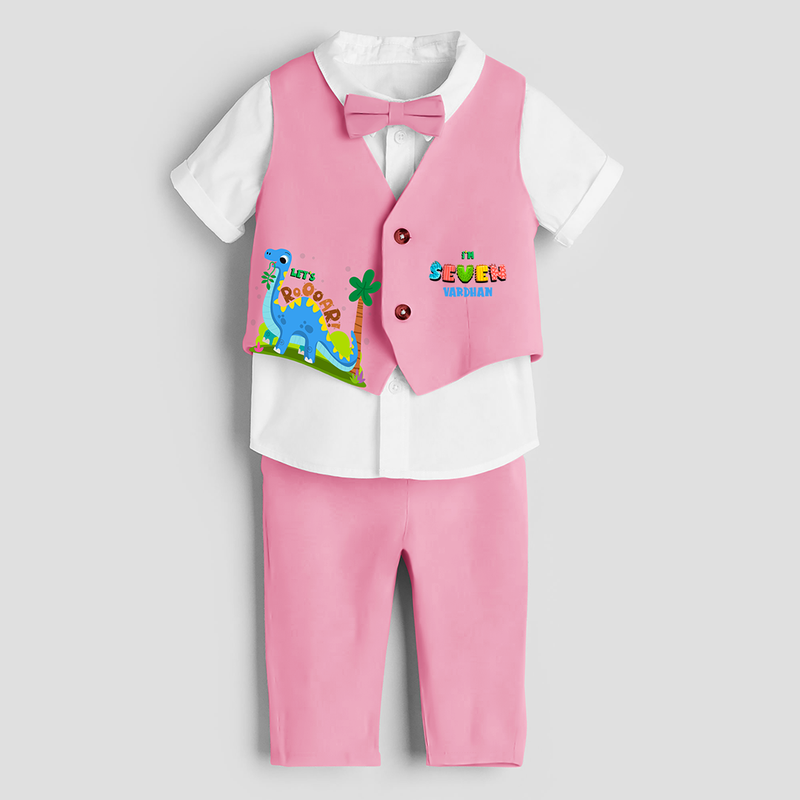 Seventh Year Dino Themed Customized Waist Coat With Name For Kids - PINK - 1 Year Old (Waist Coat - Chest 22"/Pant Length 17"/Pant Waist 21")