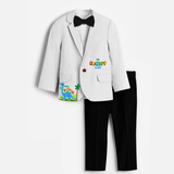 Eighth Year Dino Themed Customized Knitted Blazer With Name For Kids - WHITE - 1 Year Old (Blazer - Chest 23"/Pant Length 17"/Pant Waist 21")