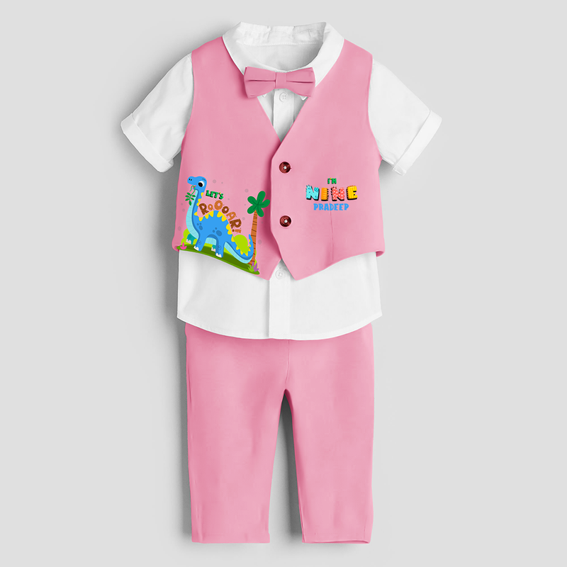 Ninth Year Dino Themed Customized Waist Coat With Name For Kids - PINK - 1 Year Old (Waist Coat - Chest 22"/Pant Length 17"/Pant Waist 21")