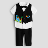 Tenth Year Dino Themed Customized Waist Coat With Name For Kids - BLACK - 1 Year Old (Waist Coat - Chest 22"/Pant Length 17"/Pant Waist 21")