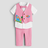 Tenth Year Dino Themed Customized Waist Coat With Name For Kids - PINK - 1 Year Old (Waist Coat - Chest 22"/Pant Length 17"/Pant Waist 21")