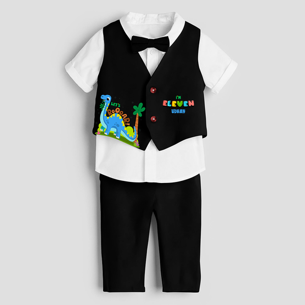 Eleventh Year Dino Themed Customized Waist Coat With Name - BLACK - 1 Year Old (Waist Coat - Chest 22"/Pant Length 17"/Pant Waist 21")