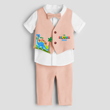 Eleventh Year Dino Themed Customized Waist Coat With Name - PEACH - 1 Year Old (Waist Coat - Chest 22"/Pant Length 17"/Pant Waist 21")