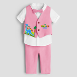 Twelfth Year Dino Themed Customized Waist Coat With Name For Kids - PINK - 1 Year Old (Waist Coat - Chest 22"/Pant Length 17"/Pant Waist 21")