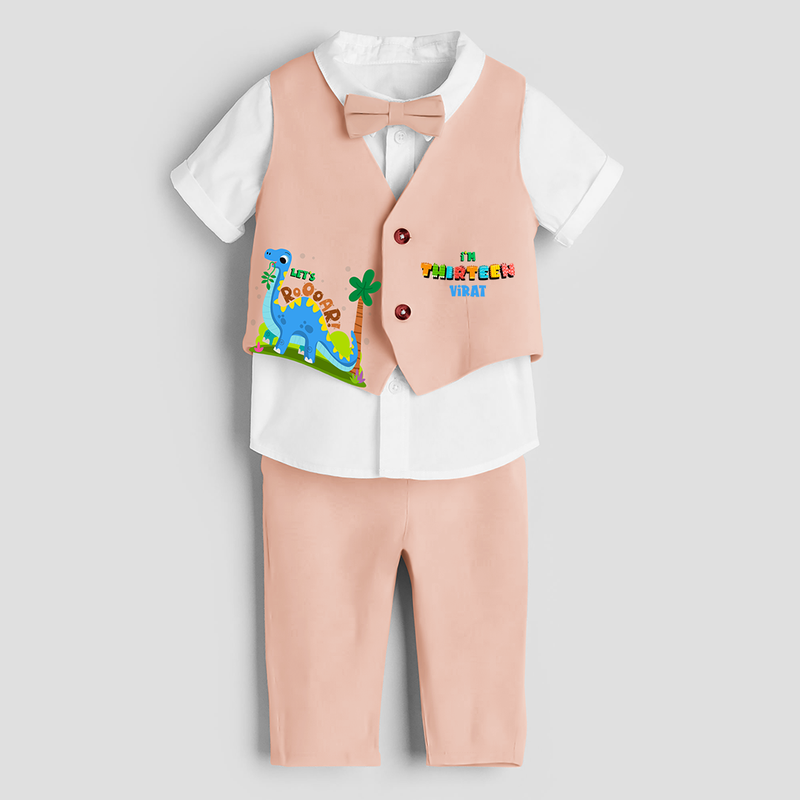 Thirteenth Year Dino Themed Customized Waist Coat With Name For Kids - PEACH - 1 Year Old (Waist Coat - Chest 22"/Pant Length 17"/Pant Waist 21")