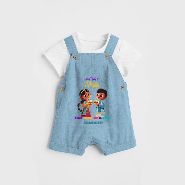 lighting Up Diwali, One Diya At A Time - Customized Dungaree Set For Kids - SKY BLUE - 0 - 5 Months Old (Chest 18")