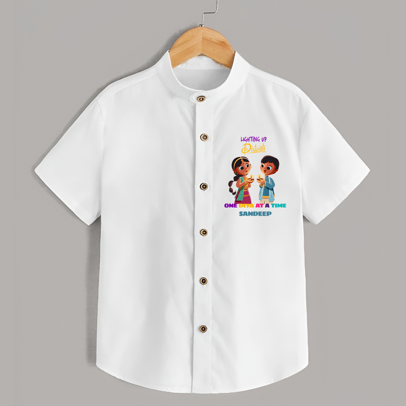 lighting Up Diwali, One Diya At A Time - Customized Shirt For Kids - WHITE - 0 - 6 Months Old (Chest 23")