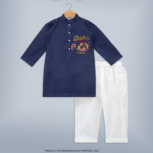 Diwali Vibes - Customized Kurta Set For Kids - NAVY BLUE - 3-6 Month Old (Chest 24", Kurta Length 14'', Waist 19", Pant Length 14")