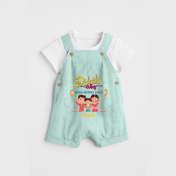 Diwali Vibes With Mummy And Papa - Customized Dungaree Set For Kids - ARCTIC BLUE - 0 - 5 Months Old (Chest 18")