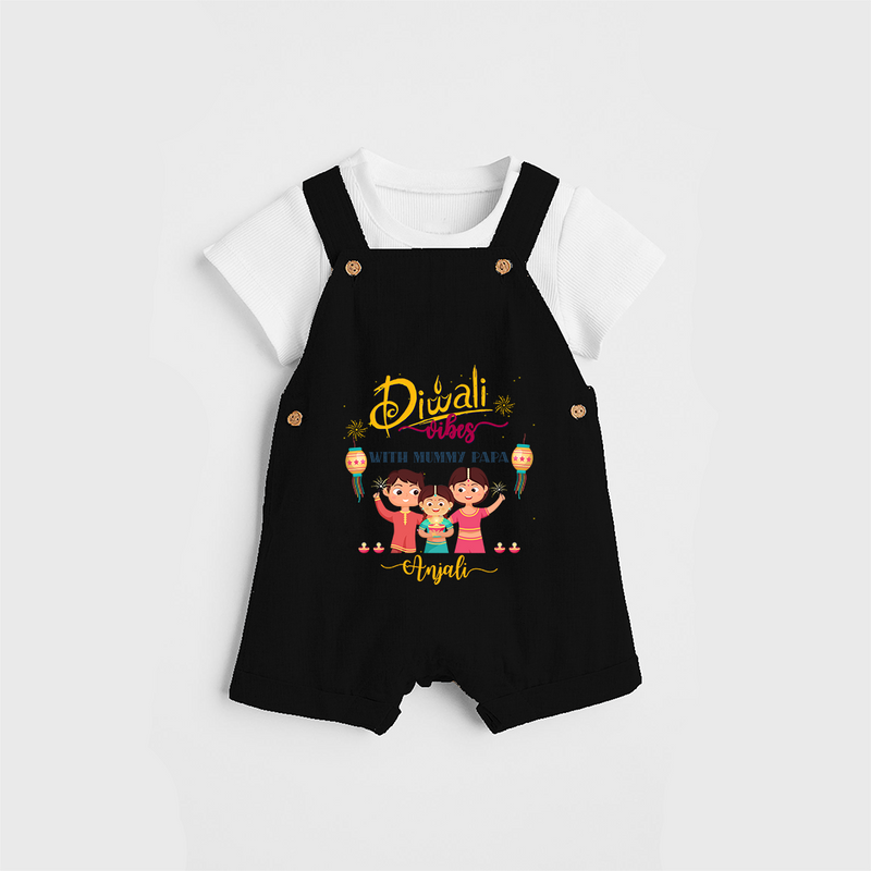 Diwali Vibes With Mummy And Papa - Customized Dungaree Set For Kids - BLACK - 0 - 5 Months Old (Chest 18")