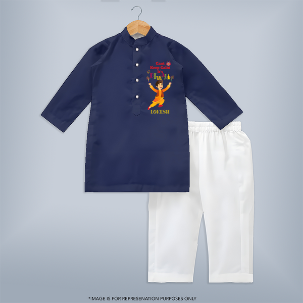 Cant Keep Calm Its Diwali - Customized Kurta Set For Boys - NAVY BLUE - 3-6 Month Old (Chest 24", Kurta Length 14'', Waist 19", Pant Length 14")