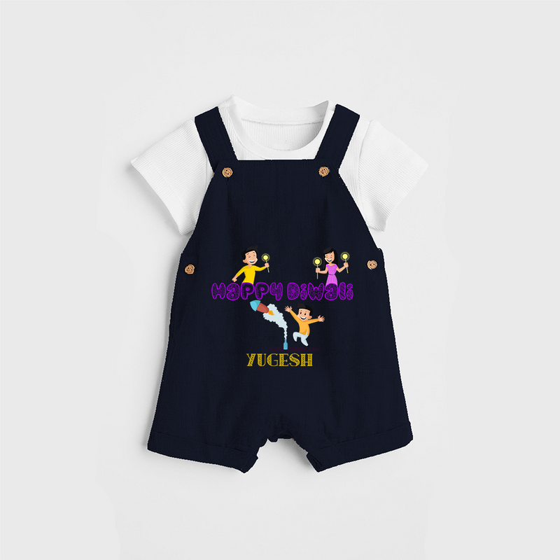 Happy Diwali - Customized Dungaree Set For Kids - NAVY BLUE - 0 - 5 Months Old (Chest 18")