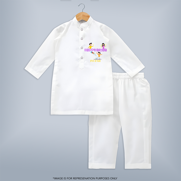 Happy Diwali - Customized Kurta Set For Kids - WHITE - 3-6 Month Old (Chest 24", Kurta Length 14'', Waist 19", Pant Length 14")