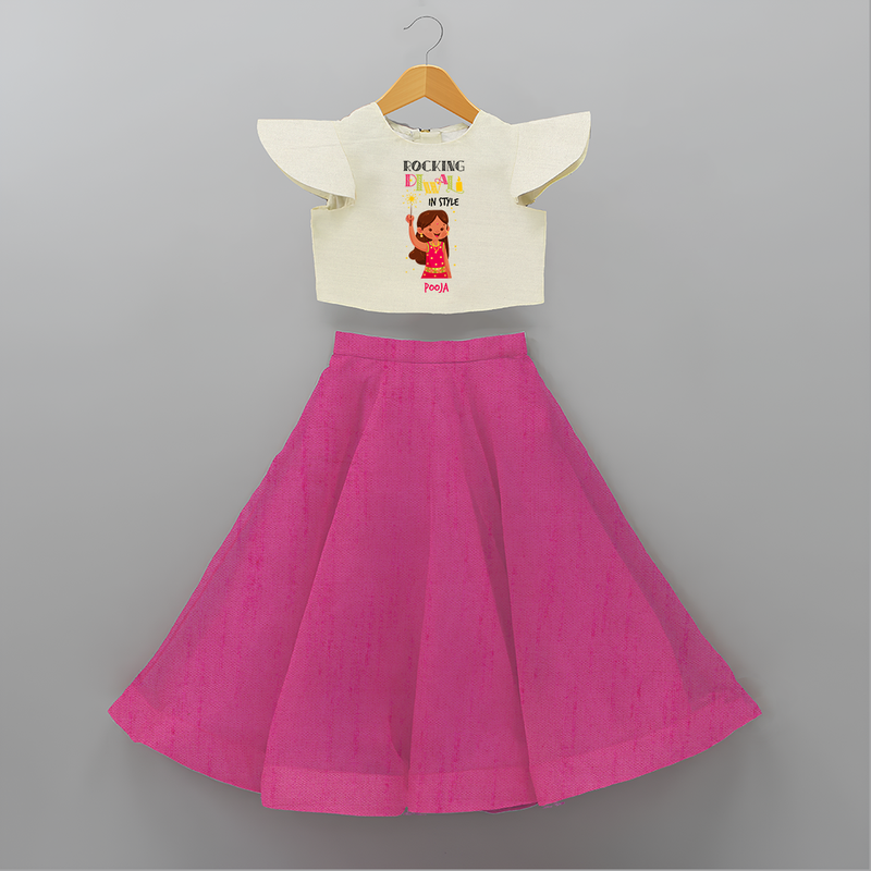 Rocking Diwali - Customized Crop Top And Skirt For Girls - FUSCHIA - 6 - 9 Months Old (Chest 20" , Frock Waist 20")