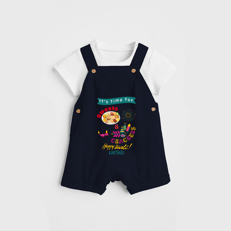 Its Time For Sweets And Crackers - Customized Dungaree Set For Kids - NAVY BLUE - 0 - 5 Months Old (Chest 18")