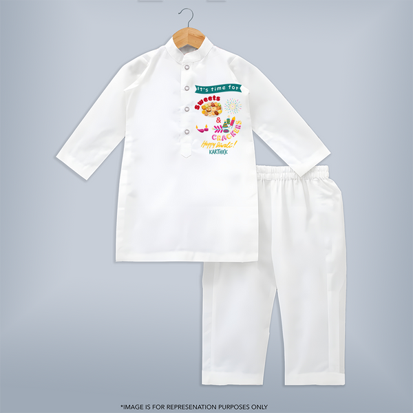 Its Time For Sweets And Crackers - Customized Kurta Set For Kids - WHITE - 3-6 Month Old (Chest 24", Kurta Length 14'', Waist 19", Pant Length 14")