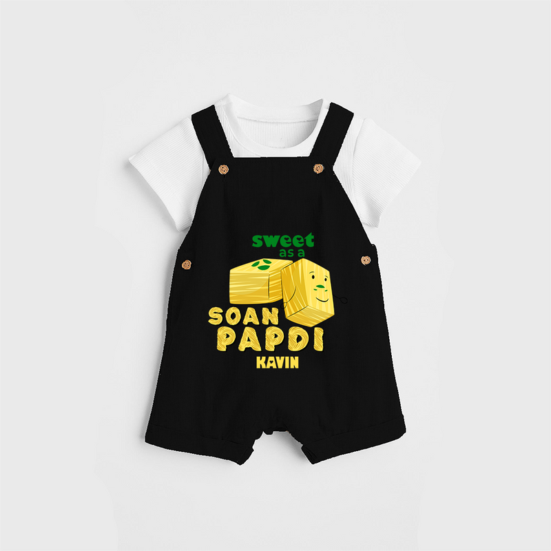 Sweet As A Soan Papdi - Customized Dungaree Set For Kids - BLACK - 0 - 5 Months Old (Chest 18")