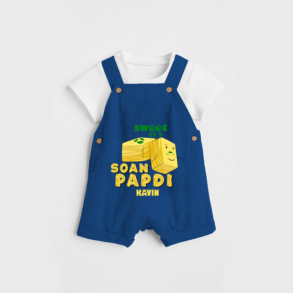 Sweet As A Soan Papdi - Customized Dungaree Set For Kids - COBALT BLUE - 0 - 5 Months Old (Chest 18")