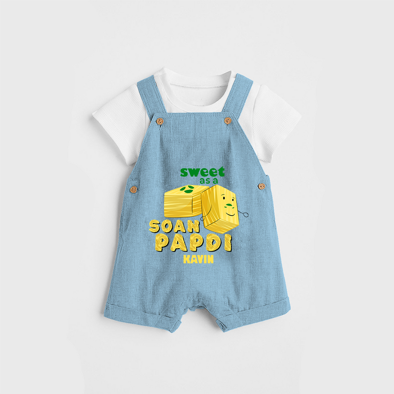 Sweet As A Soan Papdi - Customized Dungaree Set For Kids - SKY BLUE - 0 - 5 Months Old (Chest 18")