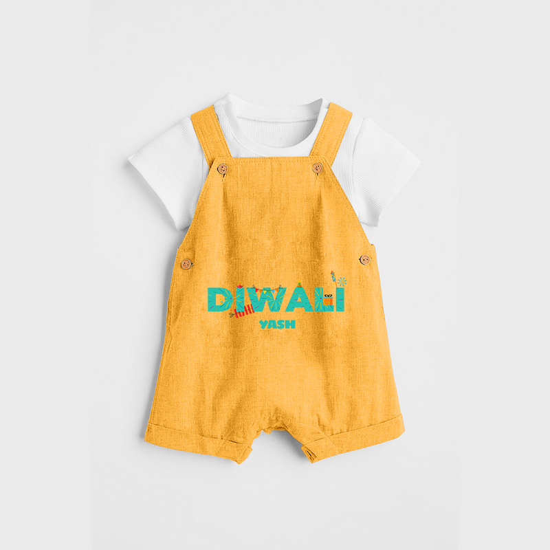 Celebrating Diwali - Customized Dungaree Set For Kids - PASTEL YELLOW - 0 - 5 Months Old (Chest 18")