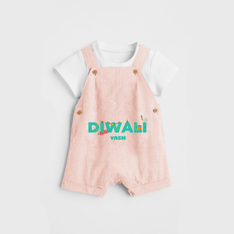 Celebrating Diwali - Customized Dungaree Set For Kids - PEACH - 0 - 5 Months Old (Chest 18")