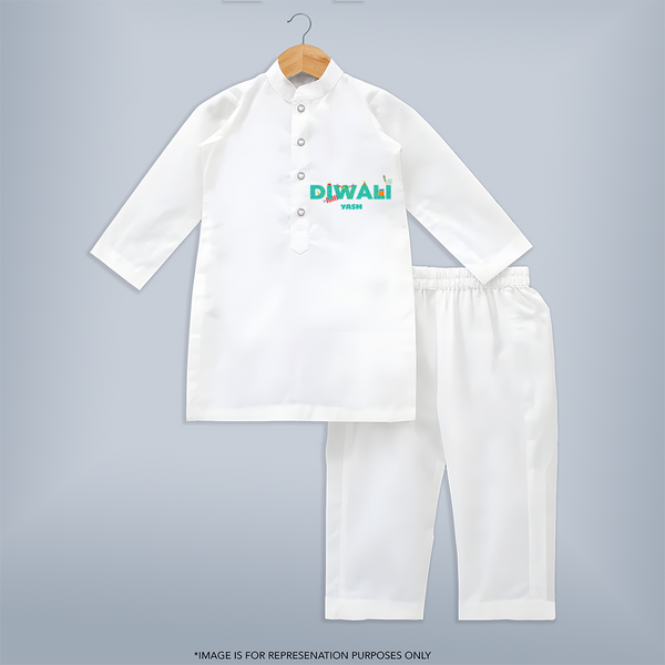 Celebrating Diwali - Customized Kurta Set For Kids - WHITE - 3-6 Month Old (Chest 24", Kurta Length 14'', Waist 19", Pant Length 14")