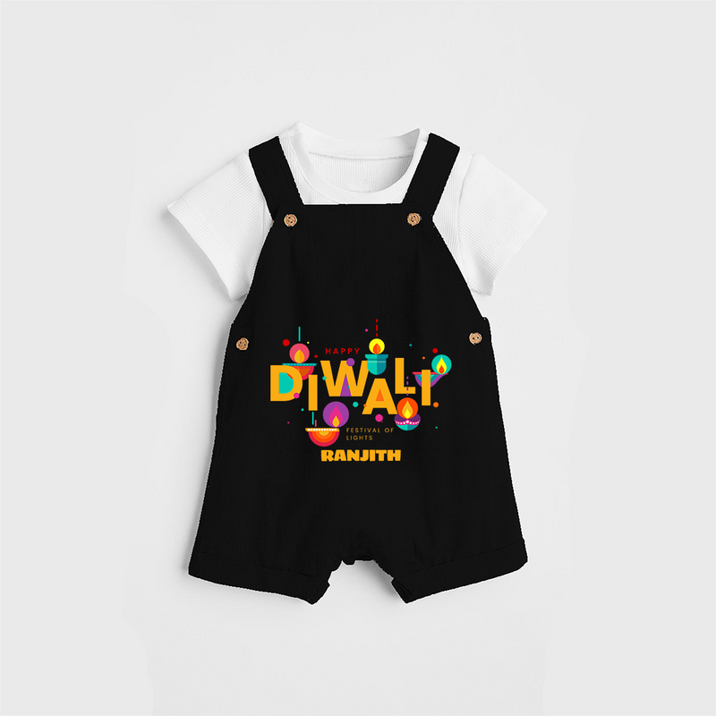 Happy Diwali , Festival Of Lights - Customized Dungaree Set For Kids - BLACK - 0 - 5 Months Old (Chest 18")