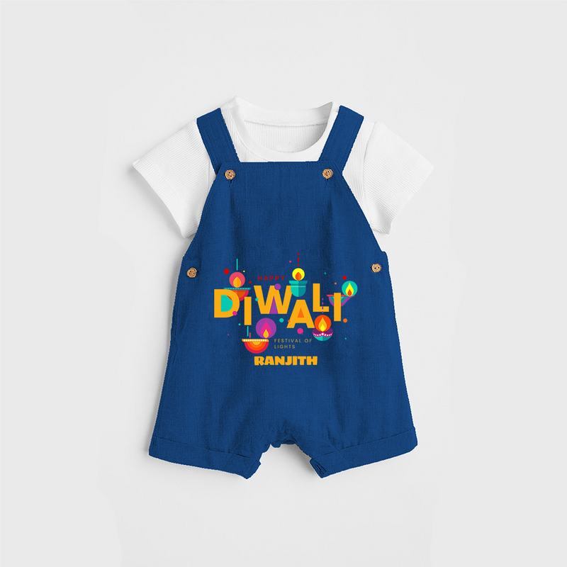 Happy Diwali , Festival Of Lights - Customized Dungaree Set For Kids - COBALT BLUE - 0 - 5 Months Old (Chest 18")