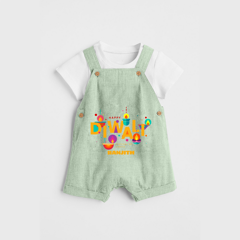 Happy Diwali , Festival Of Lights - Customized Dungaree Set For Kids - MINT GREEN - 0 - 5 Months Old (Chest 18")