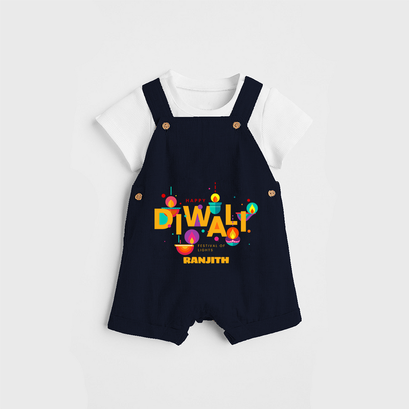 Happy Diwali , Festival Of Lights - Customized Dungaree Set For Kids - NAVY BLUE - 0 - 5 Months Old (Chest 18")