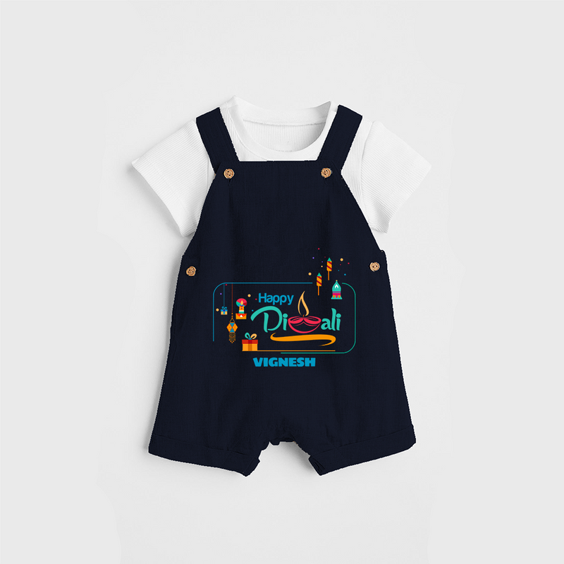 Happy Diwali , Celebrating This Diwali With Crackers - Customized Dungaree Set For Kids - NAVY BLUE - 0 - 5 Months Old (Chest 18")