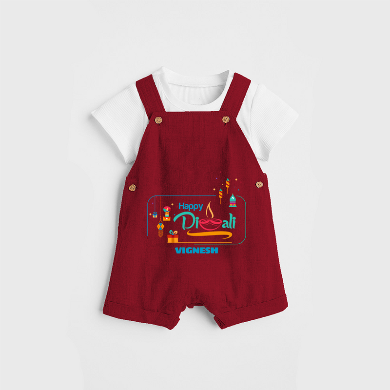 Happy Diwali , Celebrating This Diwali With Crackers - Customized Dungaree Set For Kids - RED - 0 - 5 Months Old (Chest 18")