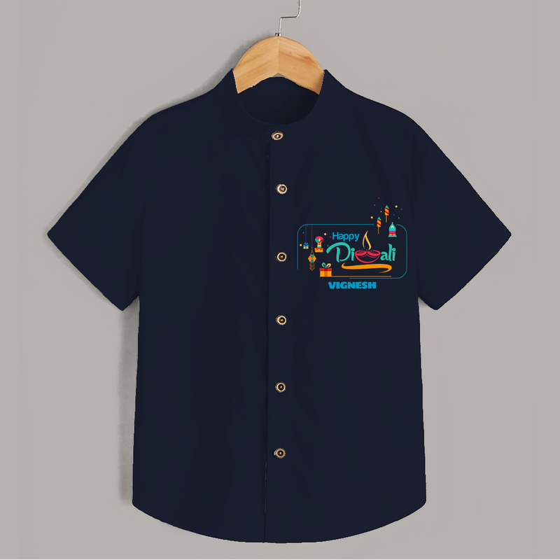 Happy Diwali , Celebrating This Diwali With Crackers - Customized Shirt For Kids - NAVY BLUE - 0 - 6 Months Old (Chest 23")