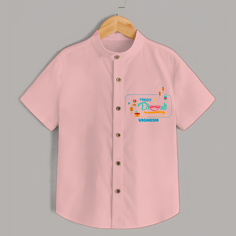 Happy Diwali , Celebrating This Diwali With Crackers - Customized Shirt For Kids - PEACH - 0 - 6 Months Old (Chest 23")