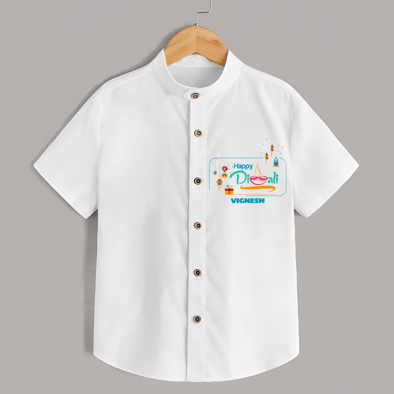 Happy Diwali , Celebrating This Diwali With Crackers - Customized Shirt For Kids - WHITE - 0 - 6 Months Old (Chest 23")