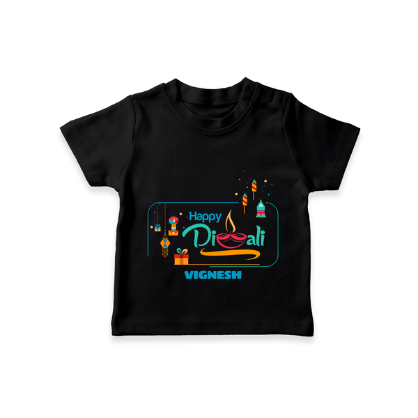 Happy Diwali , Celebrating This Diwali With Crackers - Customized T-Shirt For Kids - BLACK - 0-5 Months Old (Chest 17")