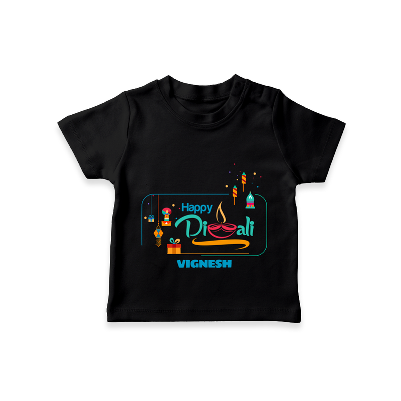 Happy Diwali , Celebrating This Diwali With Crackers - Customized T-Shirt For Kids - BLACK - 0-5 Months Old (Chest 17")