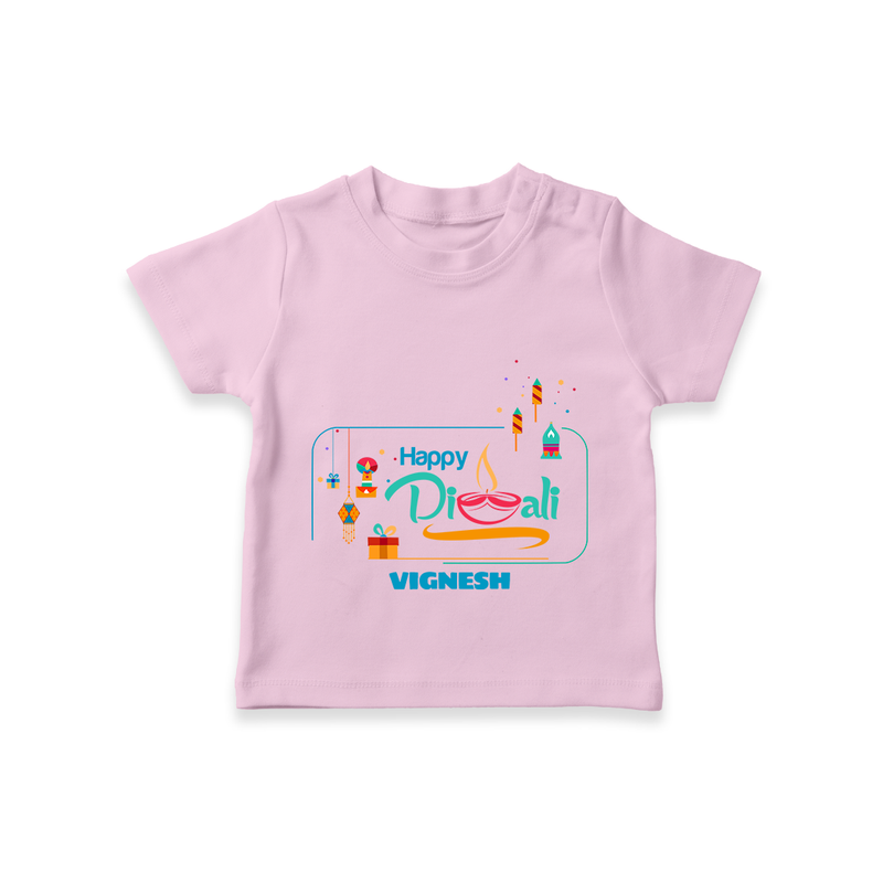 Happy Diwali , Celebrating This Diwali With Crackers - Customized T-Shirt For Kids - PINK - 0-5 Months Old (Chest 17")