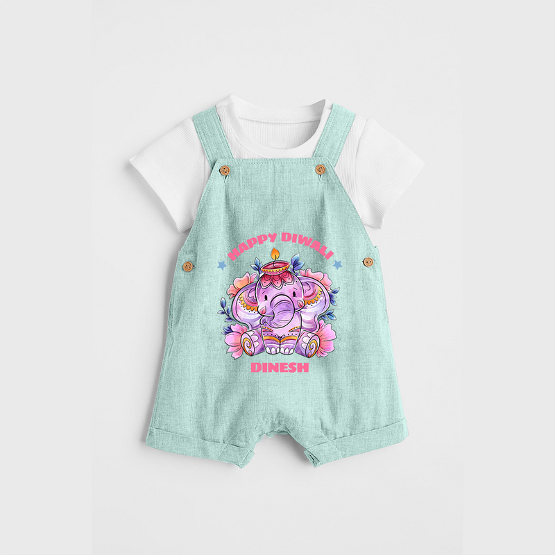 Happy Diwali With Cute little Elephant - Customized Dungaree Set For Kids - ARCTIC BLUE - 0 - 5 Months Old (Chest 18")